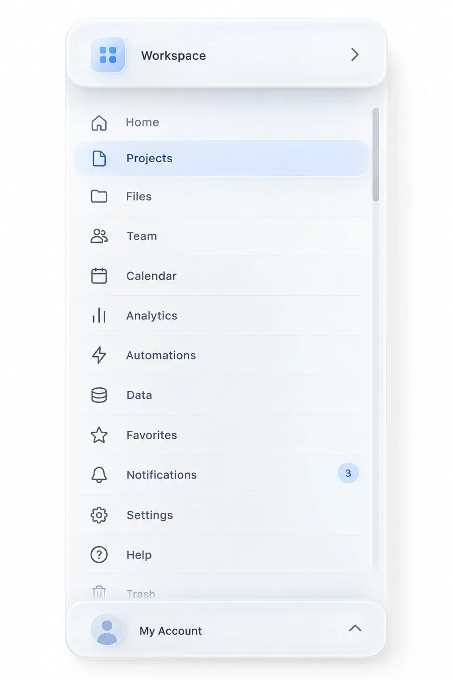 Long sidebar with the workspace header and the My Account footer pinned, a scrollbar on the middle list and Trash fading out under the fixed footer