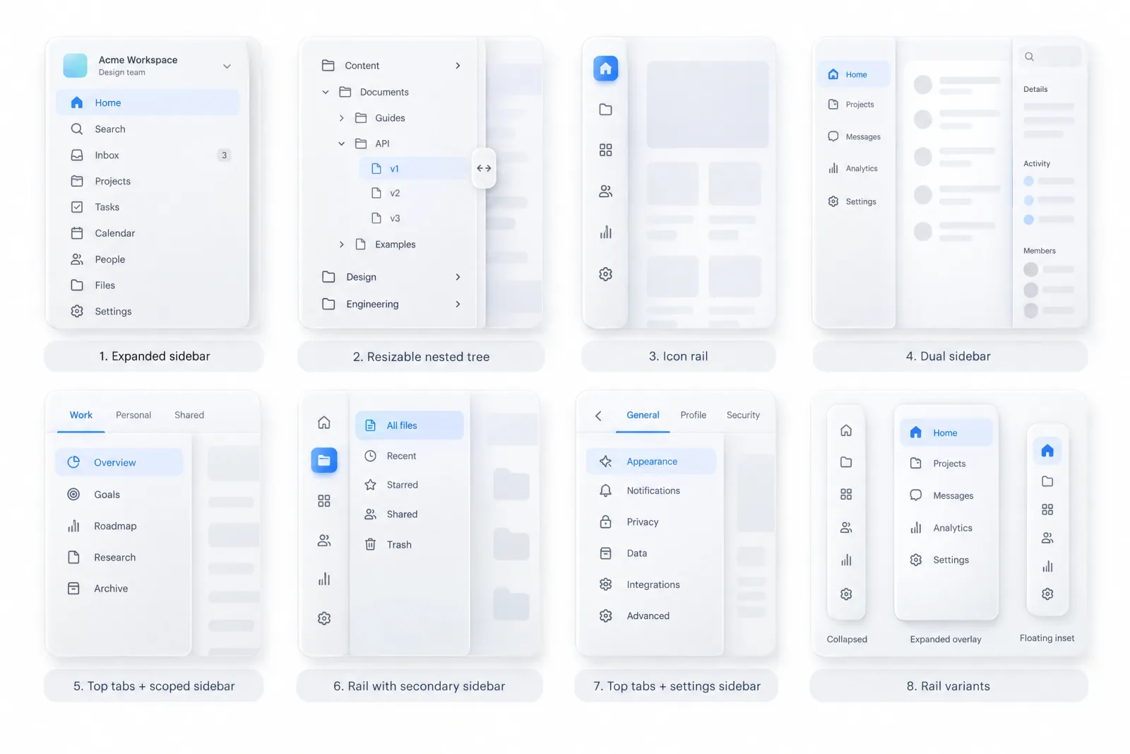 Grid of 8 abstracted sidebar wireframes in 2 rows, labelled expanded sidebar, resizable nested tree, icon rail, dual sidebar, top tabs with a scoped sidebar, rail with a secondary sidebar, top tabs with a settings sidebar, and 3 rail variants