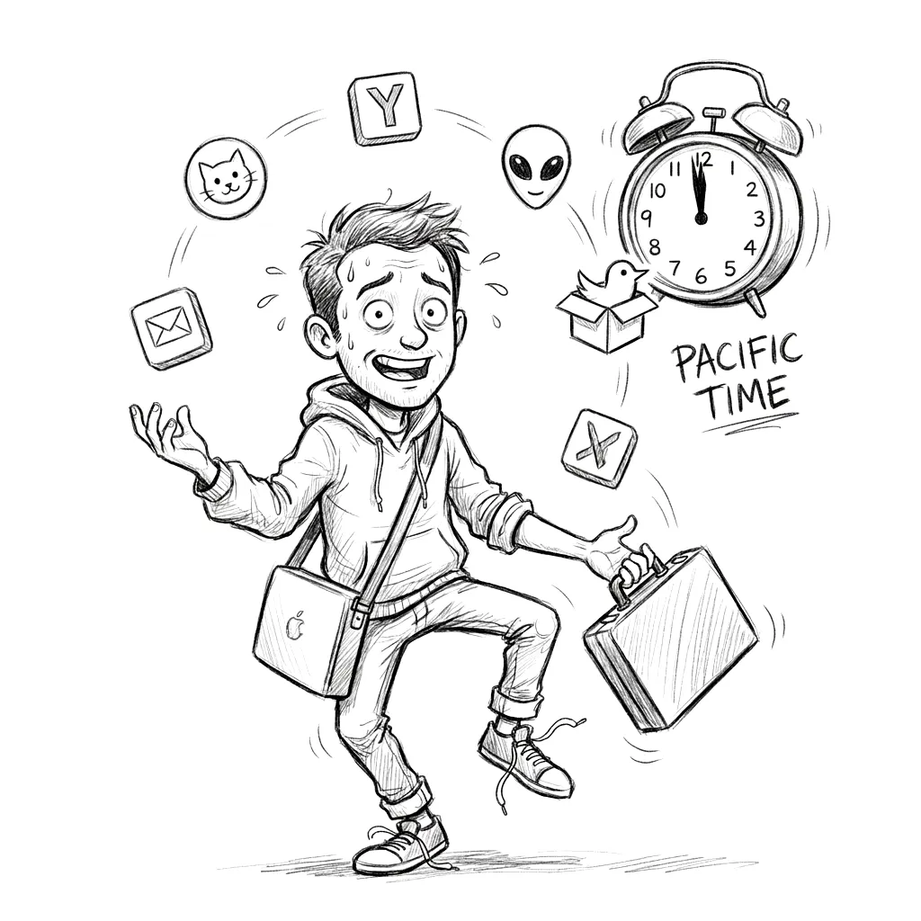 A frazzled founder juggling five launch platform icons under a midnight Pacific time clock