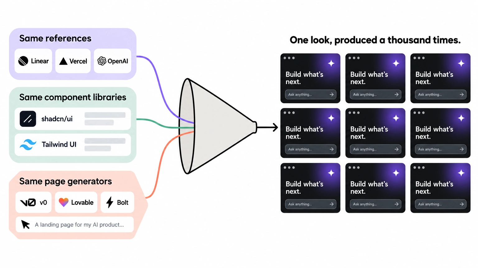 The convergence funnel: same references and same component libraries collapsing into one repeated AI landing page