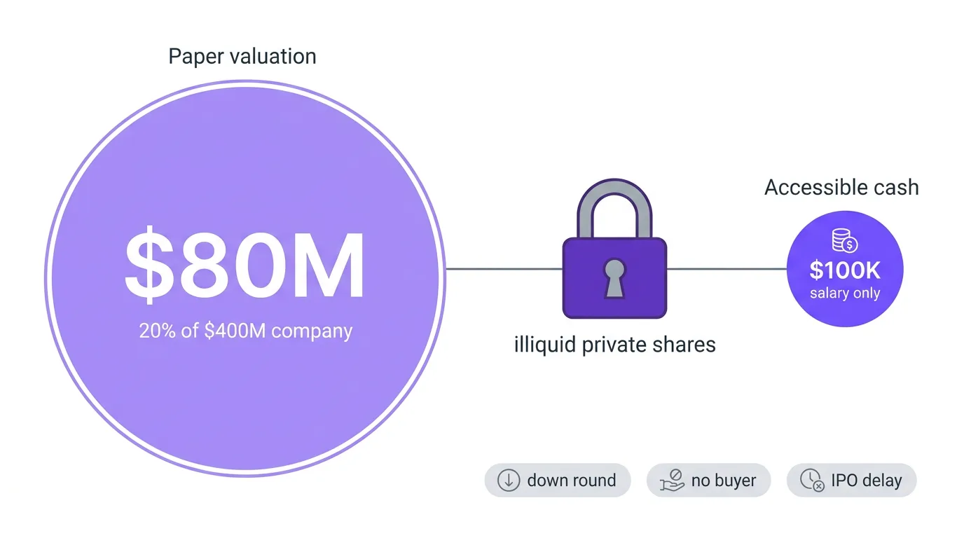 Comparison showing an $80M paper valuation from 20% of a $400M company locked behind illiquid private shares, next to a small circle of accessible cash reduced to salary only, with down round, no buyer, and IPO delay listed as risks