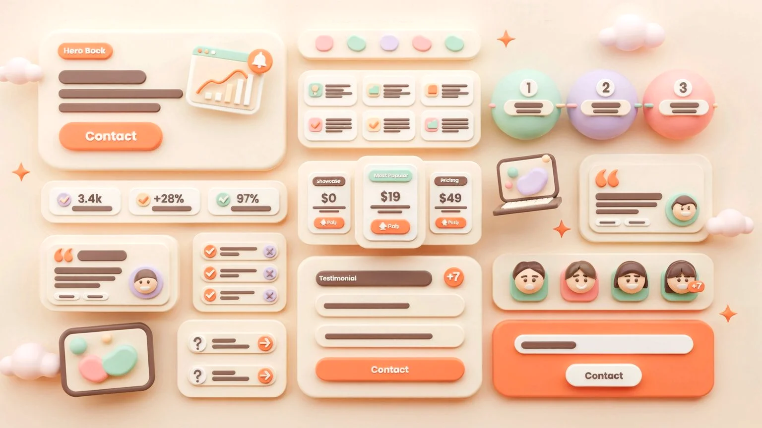 Claymorphism landing template with a soft clay dashboard scene, built to be rebranded by an AI agent