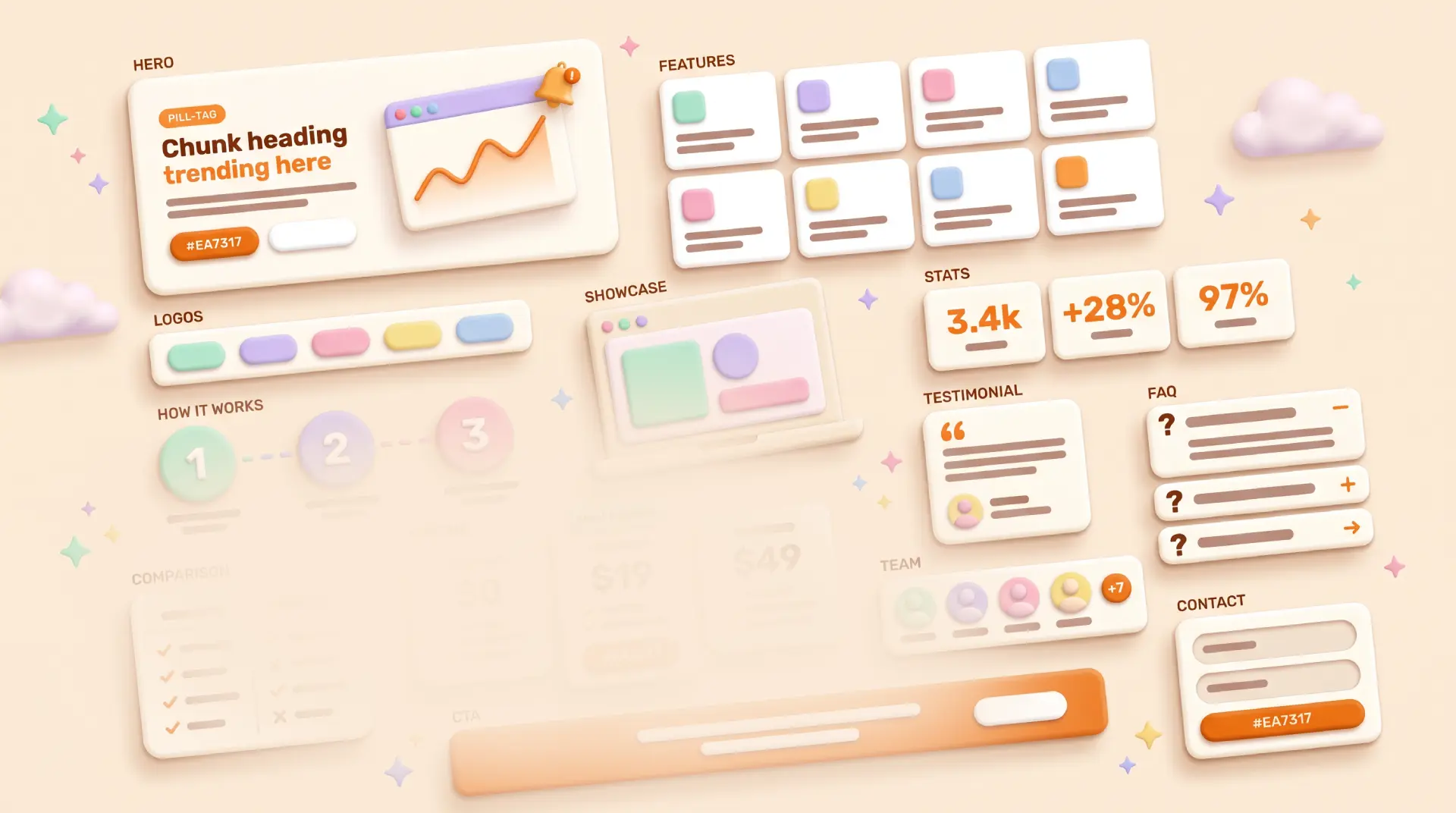 Claymorphism landing page template, HTML + AI-editable