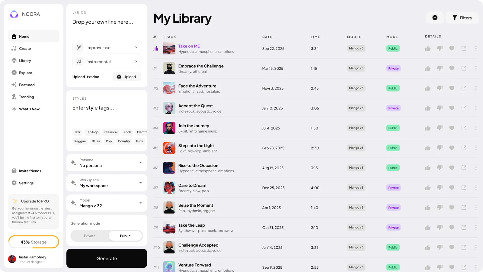 Nocra AI template for Figma: song creating